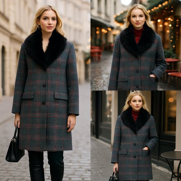 Liz Claiborne Y2K Plaid Coat w/ Removable Real Raccoon Fur Collar — Early 2000s - Picture 1 of 13